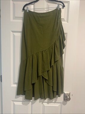 Zara Olive Green Asymmetrical Ruffle Midi Skirt